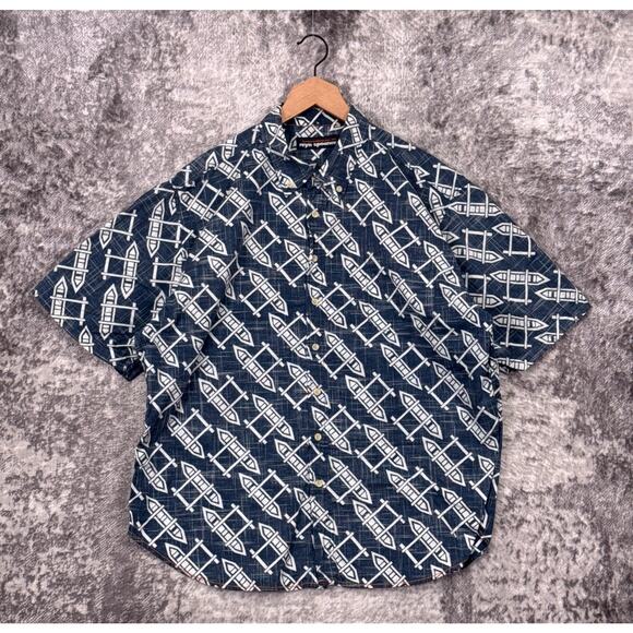 Reyn Spooner Shirt XXL Mens Hawaiian Outrigger Canoe Boat Blue Short Sleeve - Picture 1 of 7